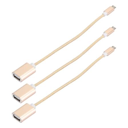 3 stk. flettet kludforstærket stik, ingen rust, jævn transmission, USB-indgang, mikro-udgang, OTG-adapterkabel til Android, guld