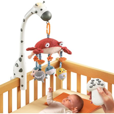 Musikuro til babykribbe med fjernbetjening, spejl, blødt dyr, hængende legetøj, lys, vuggeviser og roterende projektor, perfekt til søvn.