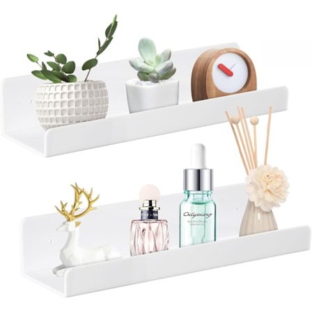 Flytende Vegghylle uten Boring, Sett med 2 Hvite Akrylvegghyller, Hullfrie Vegghyller for Soveromsdekorasjon Hylle Flytende Hylle for Stue