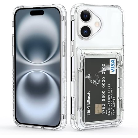 Til iPhone 16 Cover med Kortholder Klar Wallet Cover 2-Kort Slot Blød TPU+Hård PC Bumper Stødsikkert Cover, Transparent