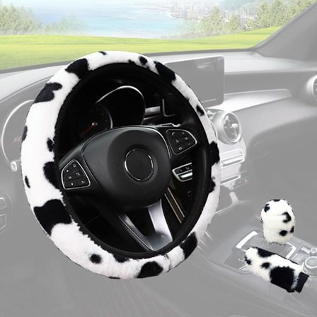 Myk ku-mønstret rattmuffe, vintervarm, lodden plysj, med fluffy girspakmuffe og håndbremsbeskyttelse, passer 37-38 cm