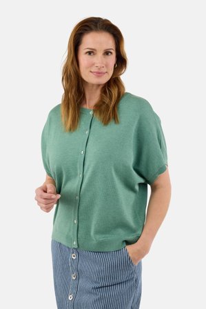 JENSEN - Kortærmet Cardigan - Grøn Melange - Knaplukning