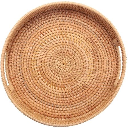 Rund flettet rattan serveringsbakke med håndtag - Ottoman bakke til frokost, snack til sofabord, dekoration til hjemmet