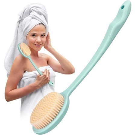 Rygbørste Badebørste med Langt Håndtag, Kropsbørste til Brusebad og Bad, Vådt og Tørt Brusebadsbørste, Rygskrubber til Akne Forbedre, Peel