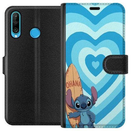 Kompatibel Tegnebogsetui til Huawei P30 lite Sjov tegneserieillustration af Stitch med surfbræt og blå hjerter