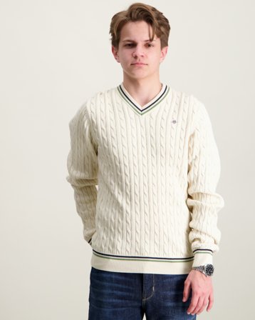 GANT Cable V Neck Cricket Sweater Cremefarvet Trøjer Dreng - Kids Brand Store