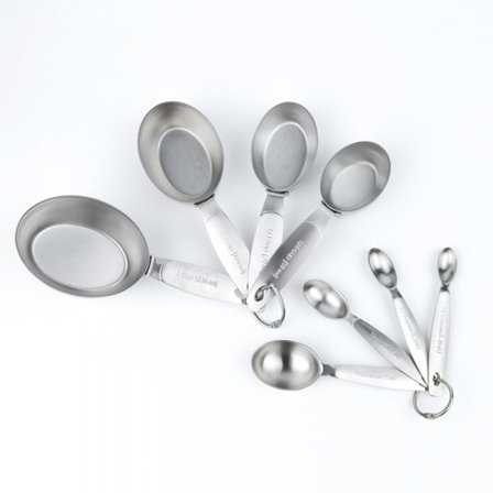 Ovalt rustfritt stål graduert målebeger og skje sett, 8-delt sett, brukt til å måle væsker og tørre ingredienser på kjøkkenet
