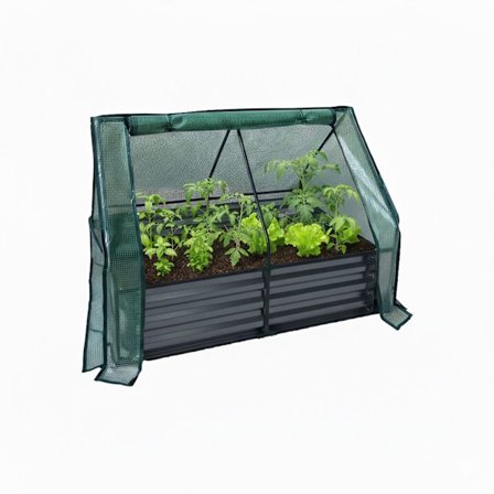 Korotettu puutarhapenkki kasvihuonesuojalla