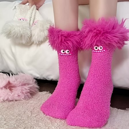 Ett par galna stora munmonster plyschstrumpor, fleecefodrade tjocka varma korallfleece sov- och hemstrumpor