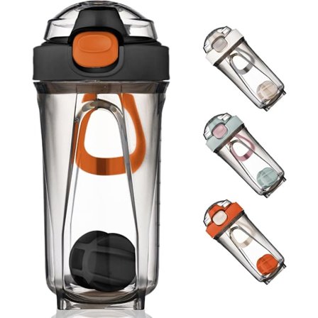 ING Protein Shaker, protein shaker, 500 ml protein shaker med mixerbold, protein shaker med lækagesikker låg og håndtag til fitness, sort