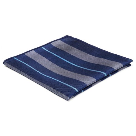 Ciemnogranatowa poszetka jedwabna w szaro-niebieskie paski dla mężczyzn - Wzorzyste poszetki