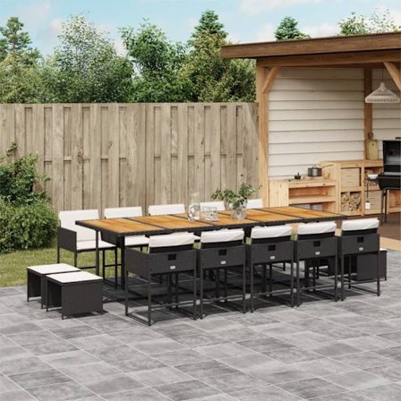 Matgrupp för trädgården med dynor 15 delar svart konstrotting