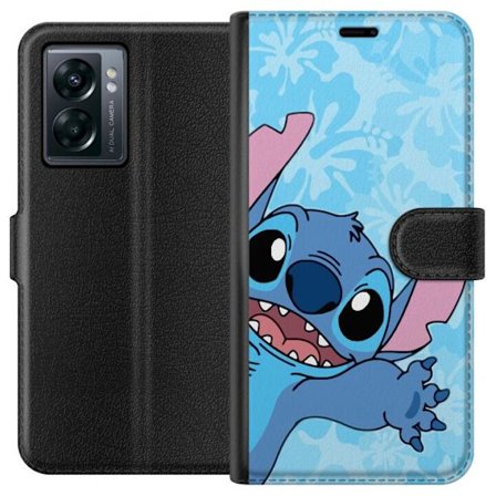 Kompatibelt Lommeboketui til OnePlus Nord N300 Leken illustrasjon av Stitch som strekker seg mot kameraet på lyseblå blomstret bakgrunn