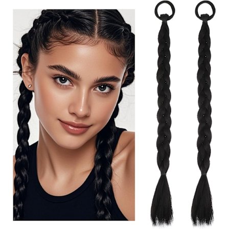 2 st Svarta Långa Flätade Hästsvans Hårförlängningar med Hårband för Kvinnor Flickor Daglig Användning 18 Tum
