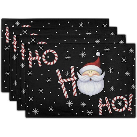 4 sæt jule dækkeservietter, 30 x 45 cm julemand og vinter snefnug sorte bordmåtter, vaskbar jule slikkepind dækkeserviet