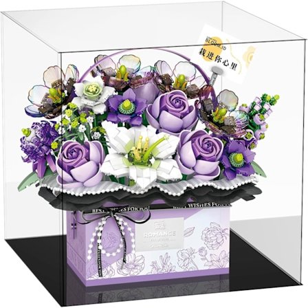 Blombukett Byggstenssats, Simulerad Ros, Alla Hjärtans Dag Present, Evig Blomdekoration med Dammskydd