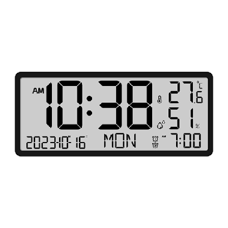Digitaalinen seinäkello, jossa on päivämäärä, lämpötila- ja kos