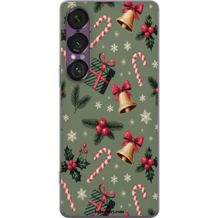Kompatibel Gennemsigtig cover til Sony Xperia 1 VII Julemotiv med slikkepinde, ure, gaver og snefnug festligt mønsterdesign perfekt til juledekoratio
