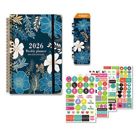 2026 Vecko- och Månadsplanerare A5 Dagbok 21,7x15,5cm Blommig Spiralbunden med Klistermärken Organizer