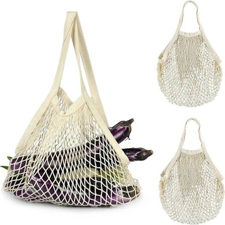 Genanvendelig Netpose til Dagligvarer, Bærbar og Vaskbar Bomuldsnetpose med Langt Håndtag, Genanvendelig Netpose i Bomuld til Frugt A