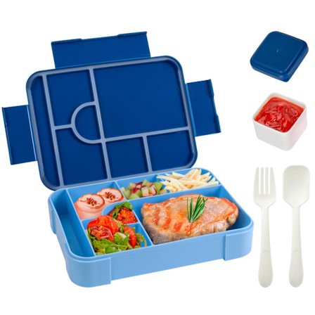 Bento Lunch Box Barn, 1330 ml Bento Box Lunch Box Vuxna med 6 Fack och 1 Salladsdressingbehållare, Snack Box (Blå)