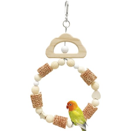 Fuglehuske, trepinne med sving for undulater, dvergpapegøyer og conures, hengende klatre- og tyggegym for små fuglebur