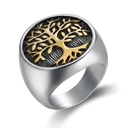 Tree of Life Amulett Rostfritt stål Herrringar Enkel Elegant Charm För Manlig Pojkvän Biker Smycken Kreativitet - Perfet Gold Silver