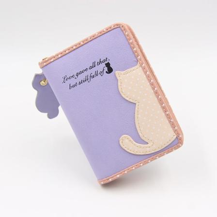 Kvinnor plånbok myntväska Kort söt Cartoon Half Cat Dragkedja Liten hopfällbar Student Clutch Light purple