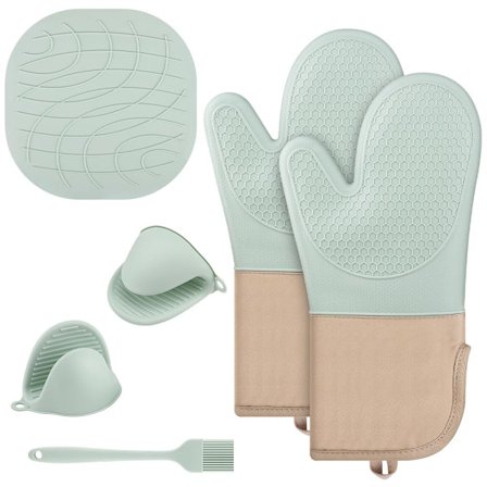 Sæt med 6 køkkenhandsker, ovnhandsker, silikonedesign, skridsikre og varmebestandige, velegnede til madlavning, bagning og grillning (mintgrøn)