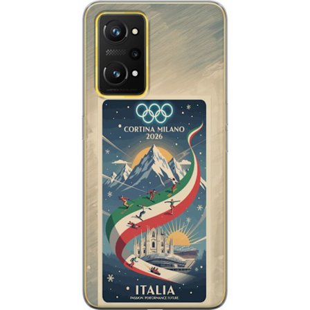 Kompatibel Mobilcover til Realme GT Neo 3T Skitse med skiskytteudøver der sigter med riffel på en snebaner, teksten Milano Cortina 2026 og de olympisk