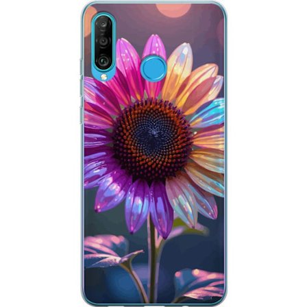 Kompatibelt Mobildeksel til Huawei P30 lite Irideserende blomst med glitrende kronblad i rosa lilla og gull mot myk bokeh bakgrunn