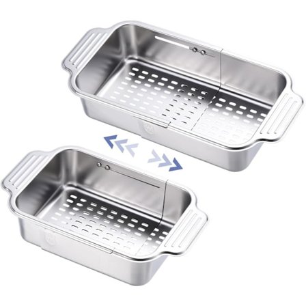 Udtrækkelig dørslag over vask, justerbar dørslag til frugt og grøntsager, rustfrit stål, sølv