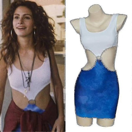 Film Pretty Woman Julia Roberts Cosplay Vivian Ward Sexet Blå Bar Midje Knytbluse Batikmønstret Halsudskæring Kjole - Perfekt XXL