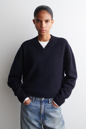COS Women's Rounded Wool V Neck Jumper in Blue