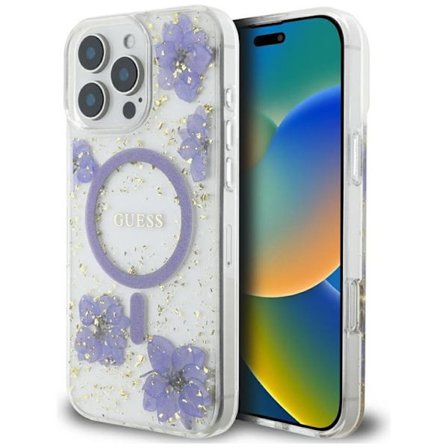 Guess Mobilskal till iPhone 16 Pro MagSafe Resin Flowers - Lila