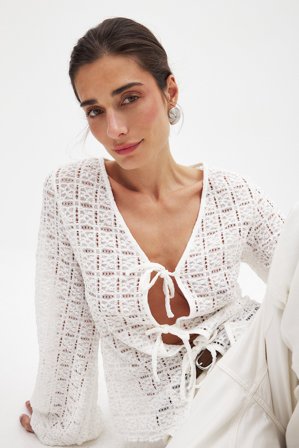 NA-KD Topp med knyt och ballongärmar - Tröjor med ballongärm - Naturvit - M