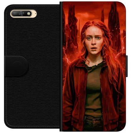 Kompatibelt Plånboksfodral till Huawei Huawei Y6 (2018) Porträtt av en ung kvinna med rött hår i en apokalyptisk landskap, röda blixtar och mörk
