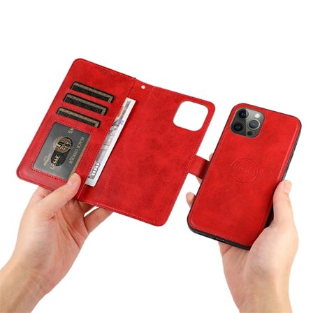 Fodral för iPhone15Pro Röd Kalvläderstruktur Bil 2 i 1 Läderfodral Magnetisk 2 i 1 Korthållare