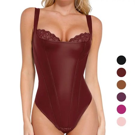 Popilush Basic Faux Læder Korset Top Støttende Shapewear Bodysuit Undertøj Blondekant Mavekontrol Bustier Ærmeløs #WarmUpForHolidays XS