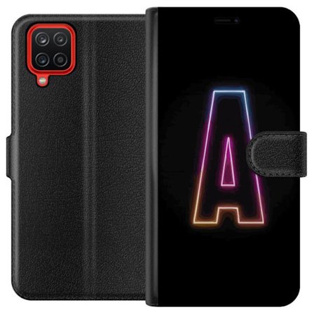 Kompatibel Tegnebogsetui til Samsung Samsung Galaxy A12 Minimalistisk neonbogstav A i regnbuefarvet lys mod sort baggrund i moderne typografisk stil