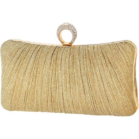 ING Dameclutch med gullpaljetter, en plissert aftenveske, egnet for bryllup og fester, inkluderer en strassring.