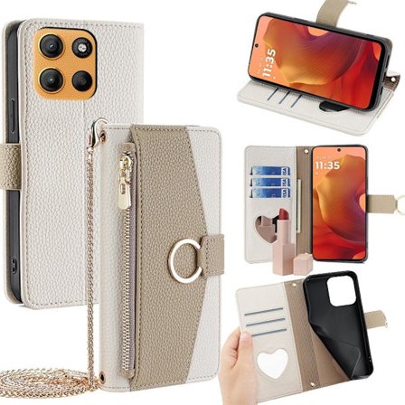 Motorola Moto G15 4G / G15 Power 4G Etui Speil lommebok skinn telefondeksel med kjede skulderrem - Hvit
