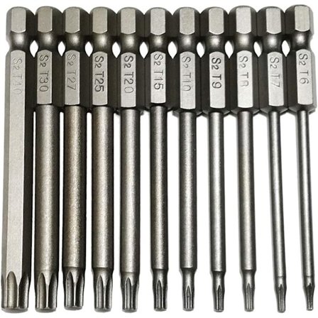 Sikkerhets Torx Bits 11 stk 1/4 tomme sekskantfeste T6 T7 T8 T9 T10 T15 T20 T25 T27 T30 T40 3 tommer lengde S2 Stål Skrutrekker Bor Sett (11stk 75mm)
