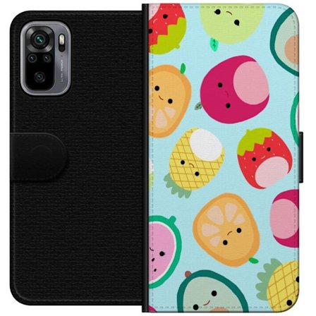 Kompatibelt Lommeboketui til Xiaomi Redmi Note 10S Mønster av kawaii-frukter som jordbær sitron ananas og avocado på lyseblå bakgrunn