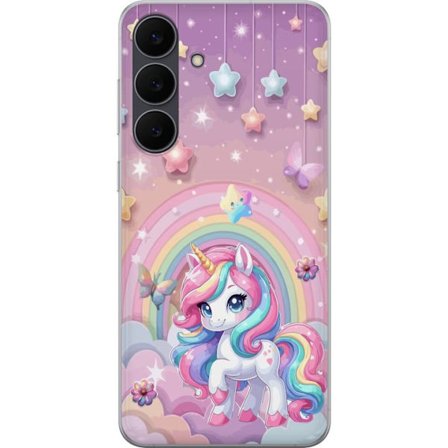 Kompatibel Mobilcover til Samsung Galaxy S25 FE Magisk enhjørning med regnbue manke, stjerner og sommerfugle mod en pastelfarvet himmel med skyer