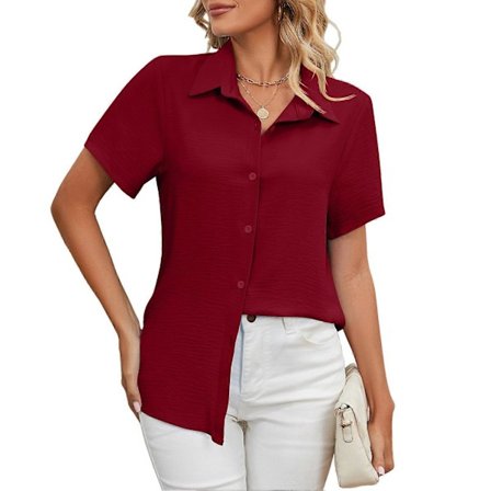Vinrød M Kvinders Knapløs Skjorte Ren Farve Kortærmet Åndbar Casual Skjorte til Arbejde