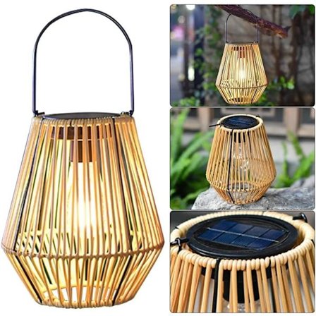 Dekorativ rattanlanterne solcellelanterne IP44 vandtæt solcellelampe hængende solcellehavelampe til udendørs have terrasse have