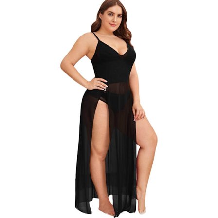 2025 Senaste Modell Dam Plus Size Sexig Spets Ärmlös Delad Lång Mesh Underklänning Svart Enfärgad XX-Large Plus