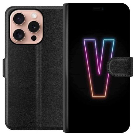 Yhteensopiva Lompakkokotelo Apple Apple iPhone 16 Pro Neonkirjain V värikoodattu valossa mustaa taustaa vasten, minimalistinen muotoilu selkeällä h