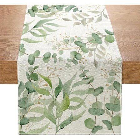Eucalyptus Leaves Summer Table Runner Sage Green Table Cloth Cotton Linen Seasonal Table Runner, 33x183cm